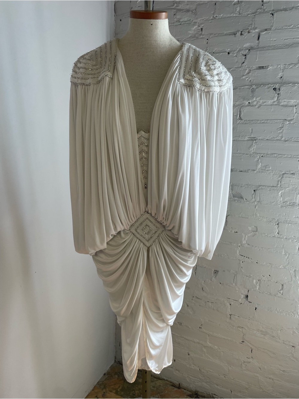 White 1930s style Draped Beaded Cocktail Dress